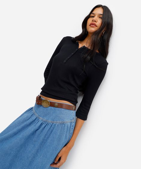 blusa feminina de viscose manga longa canelada preta