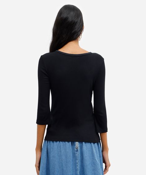 blusa feminina de viscose manga longa canelada preta