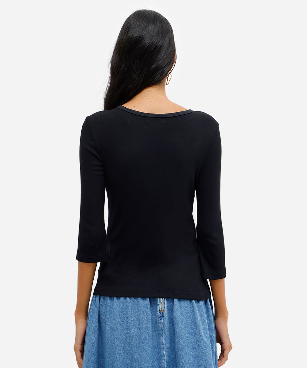 blusa feminina de viscose manga longa canelada preta