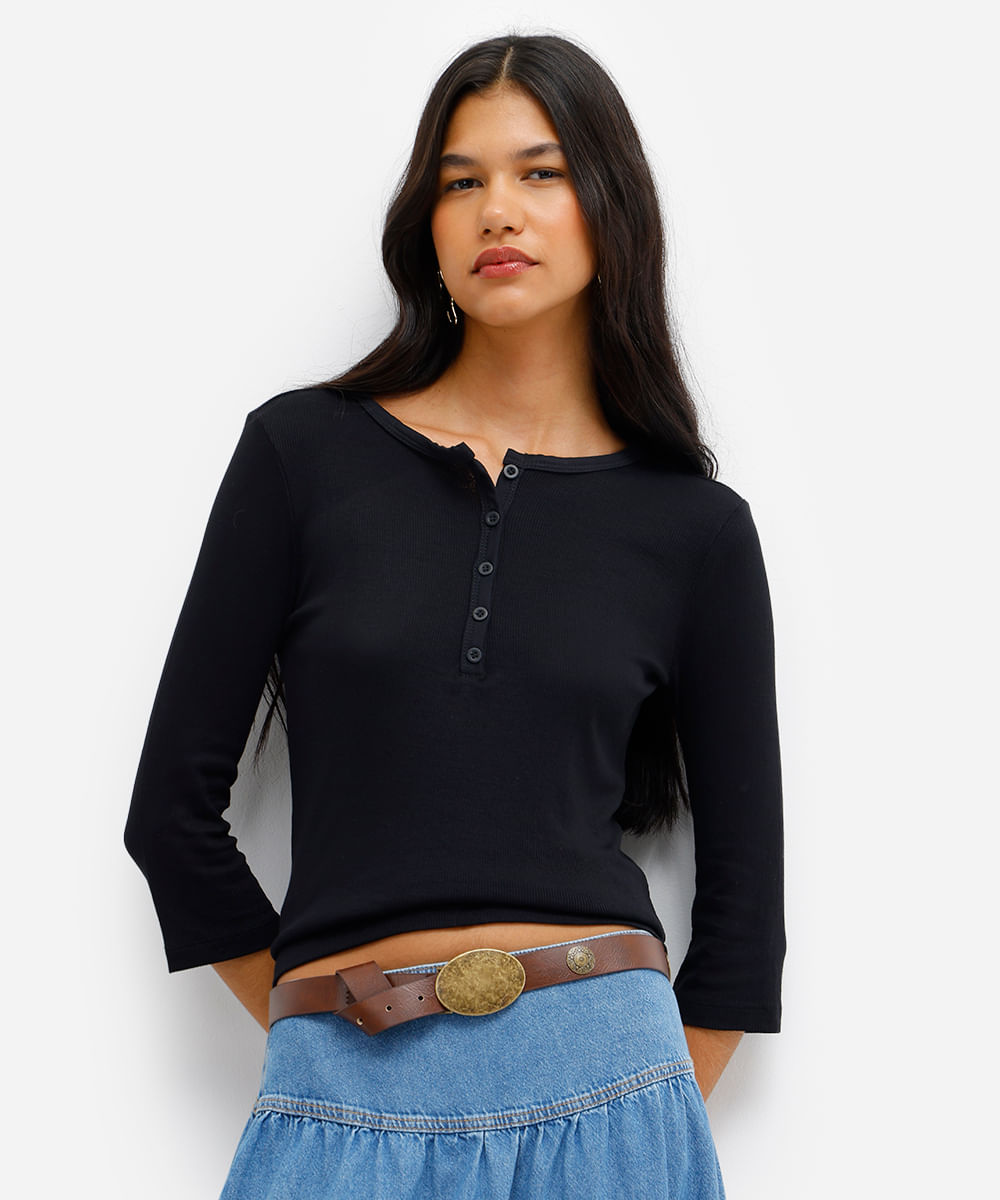 blusa feminina de viscose manga longa canelada preta