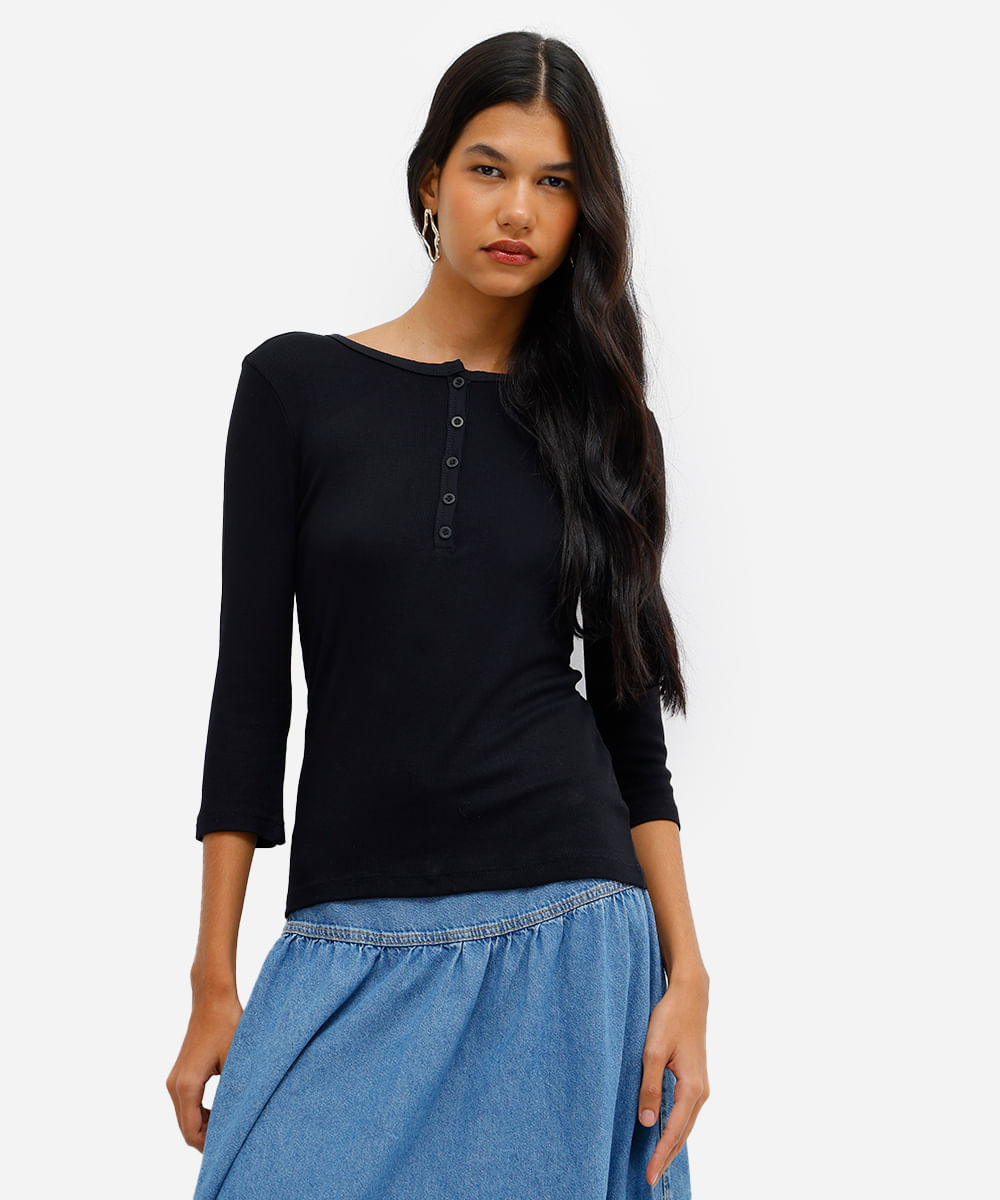blusa feminina de viscose manga longa canelada preta