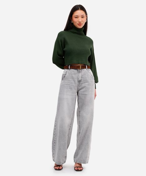 calça oversized feminina jeans cintura média - cinza