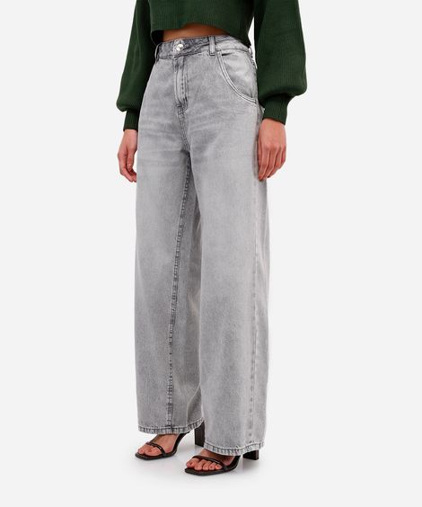 calça oversized feminina jeans cintura média - cinza