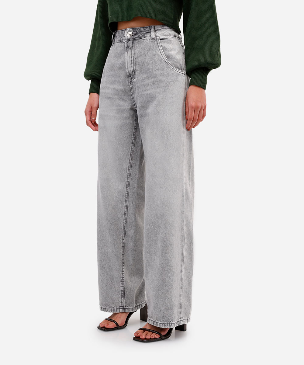 calça oversized feminina jeans cintura média - cinza