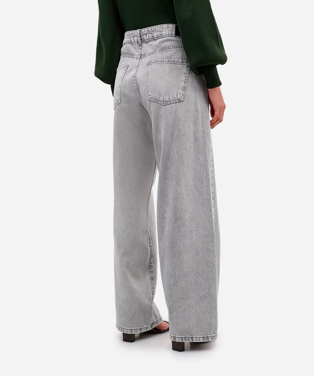 calça oversized feminina jeans cintura média - cinza