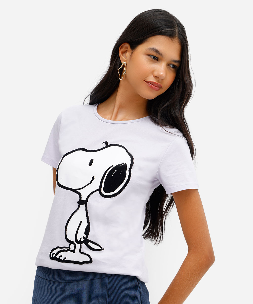 camiseta feminina de algodão snoopy texturizada lilás