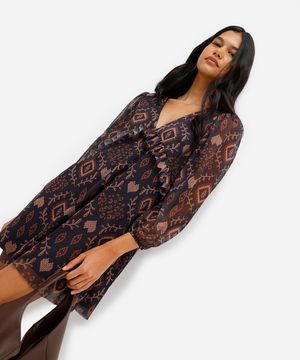 vestido feminino de tule com babado arabescos preto