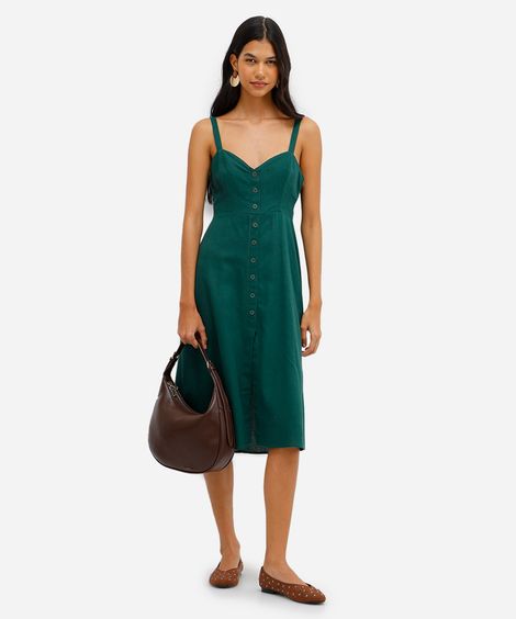 vestido midi evasê feminino com linho verde