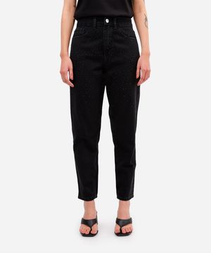 calça mom feminina jeans com brilhos preta