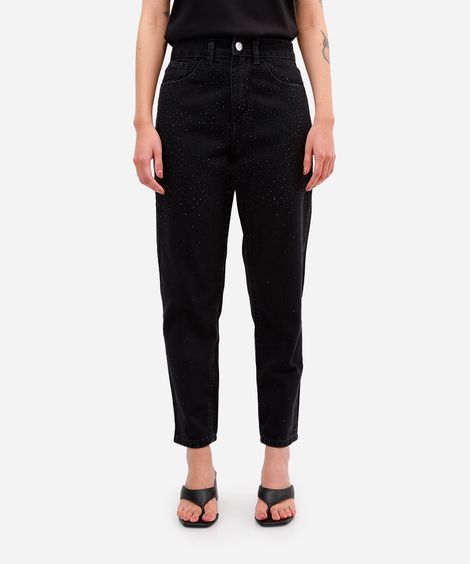 calça mom feminina jeans com brilhos preta