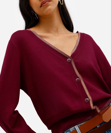 cardigan feminino de tricot com lurex vinho