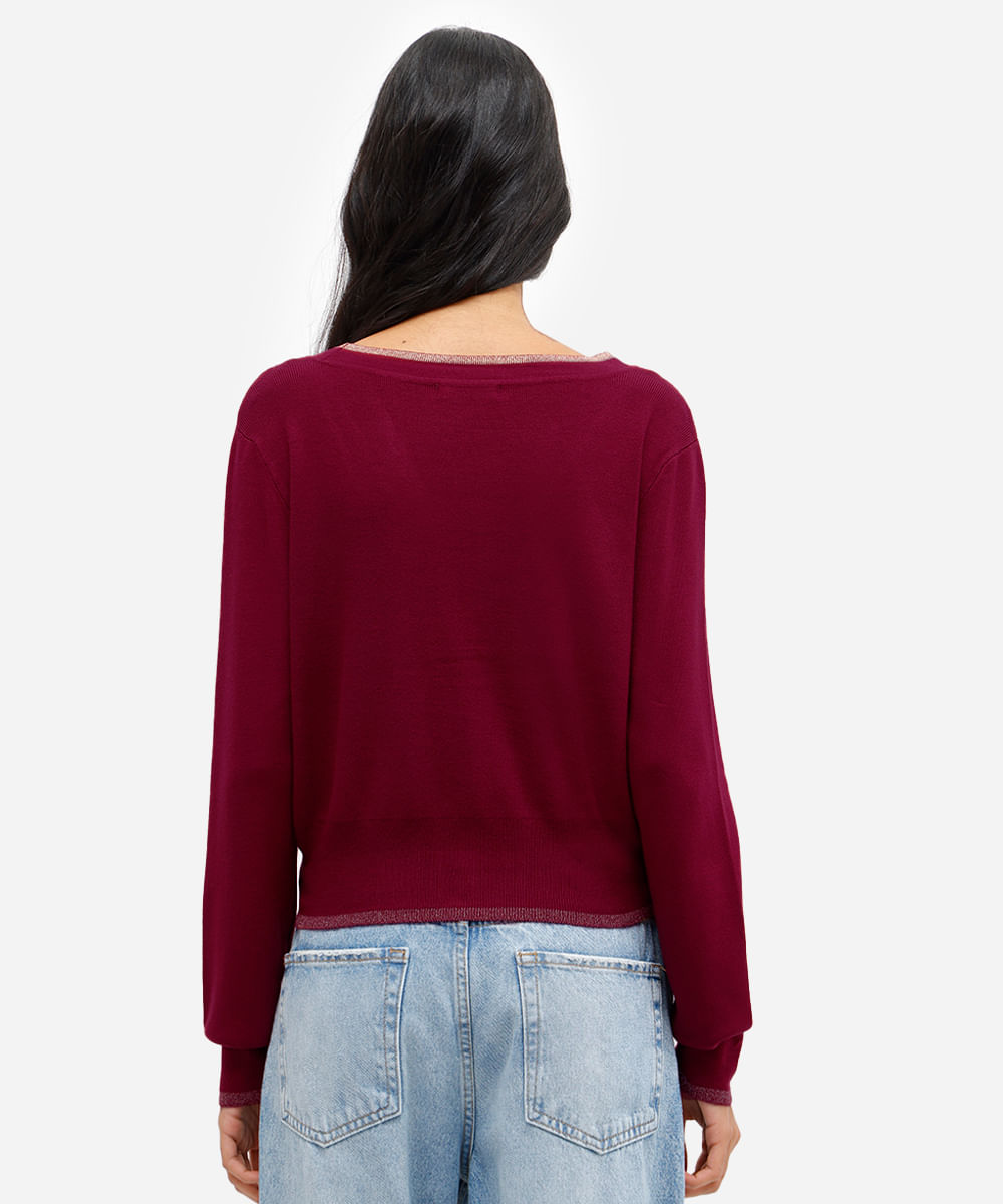cardigan feminino de tricot com lurex vinho