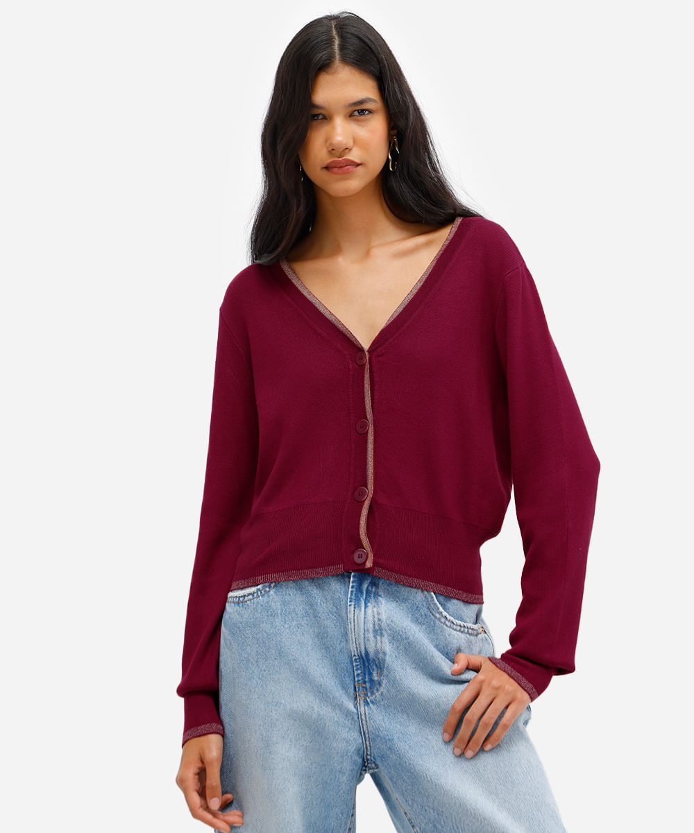 cardigan feminino de tricot com lurex vinho