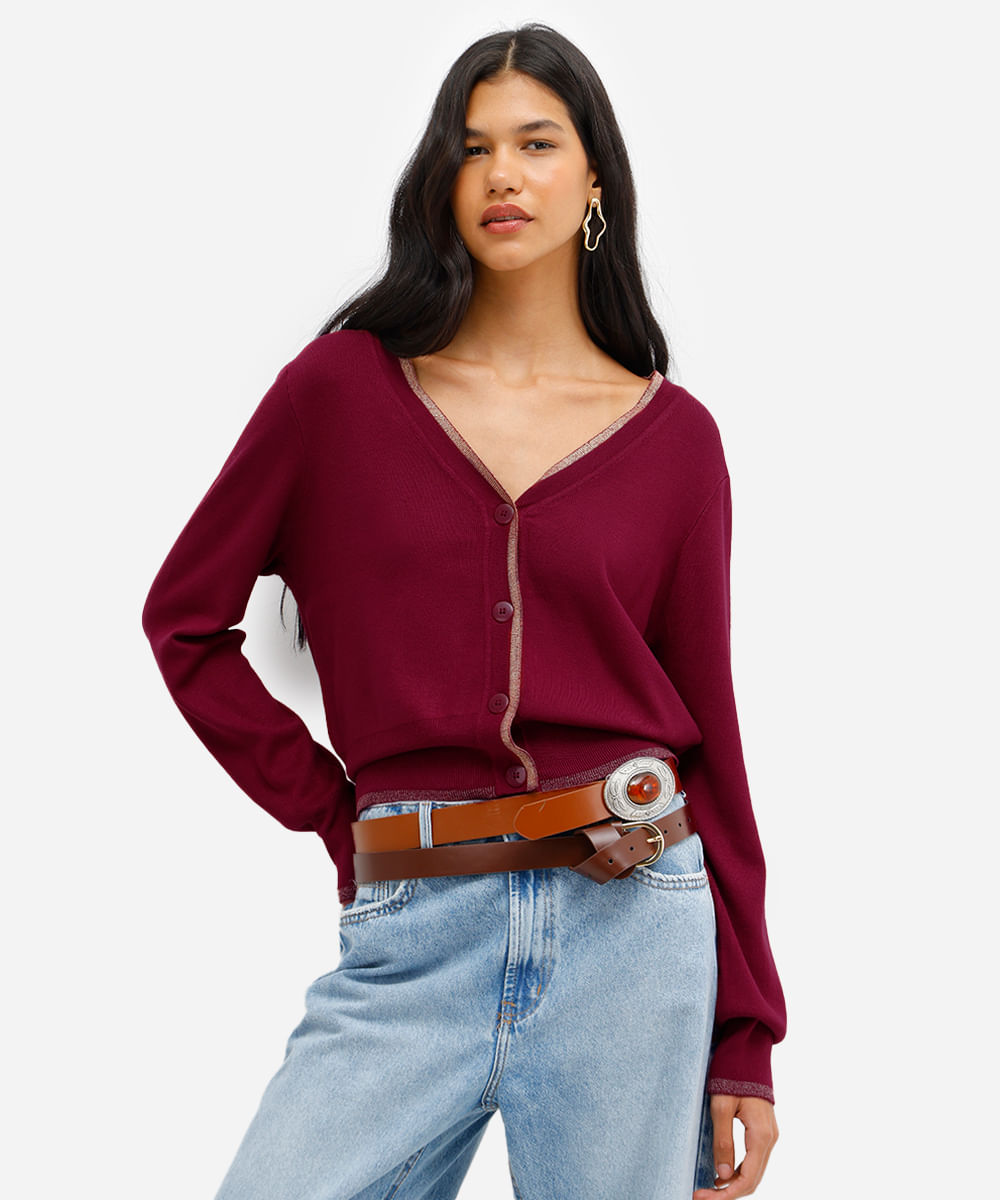 cardigan feminino de tricot com lurex vinho
