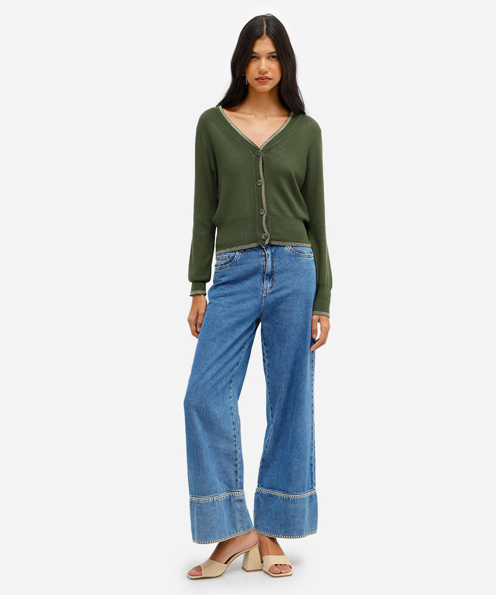 cardigan feminino de tricot com lurex verde