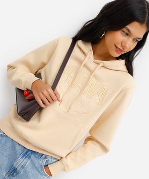 blusão feminino de moletom felpado com capuz stitch bege