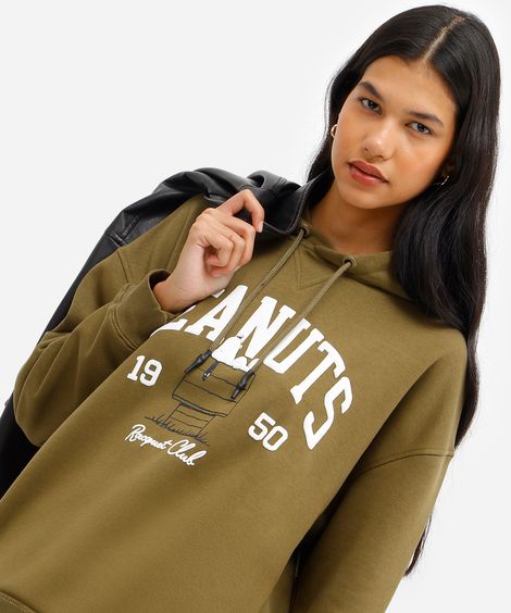 blusão feminino de moletom felpado com capuz snoopy verde