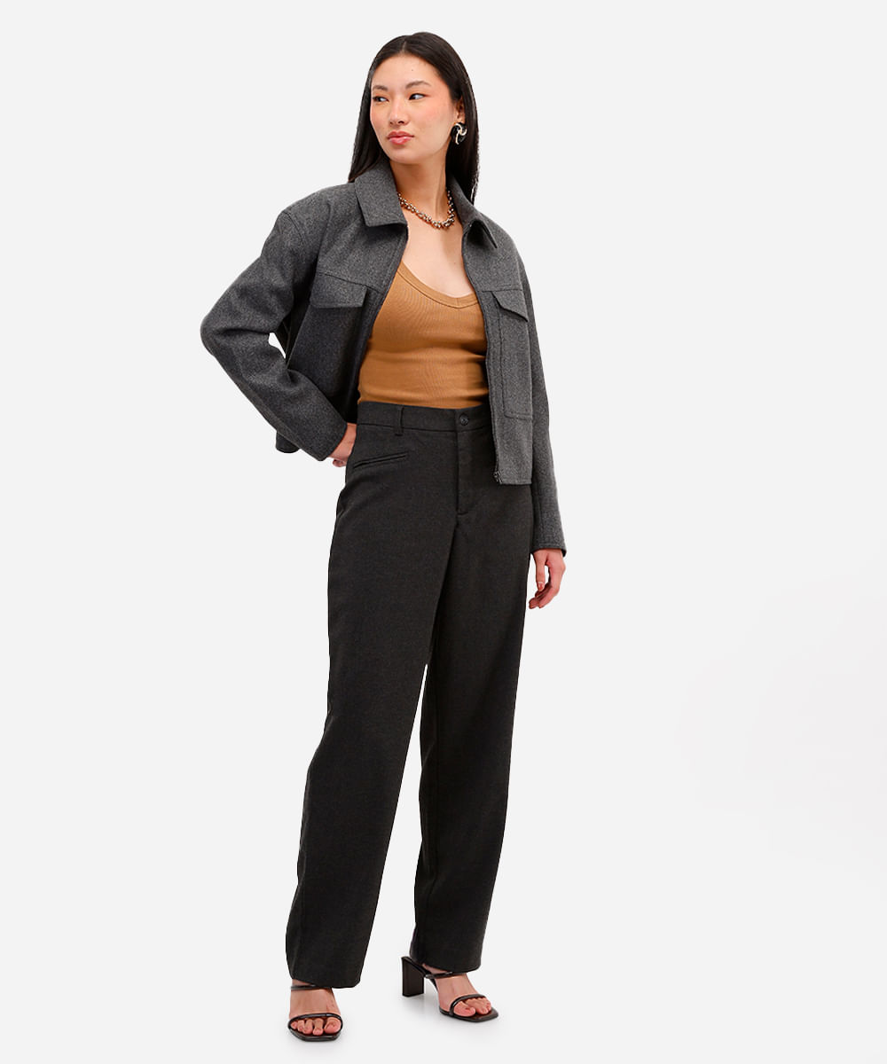 calça feminina de alfaiataria cintura alta cinza
