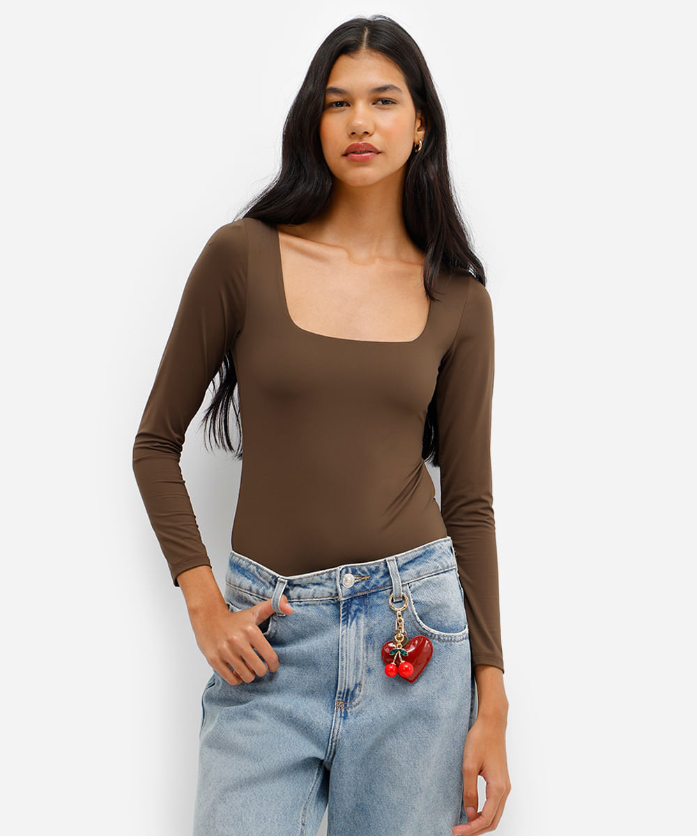 body feminino decote quadrado manga longa marrom