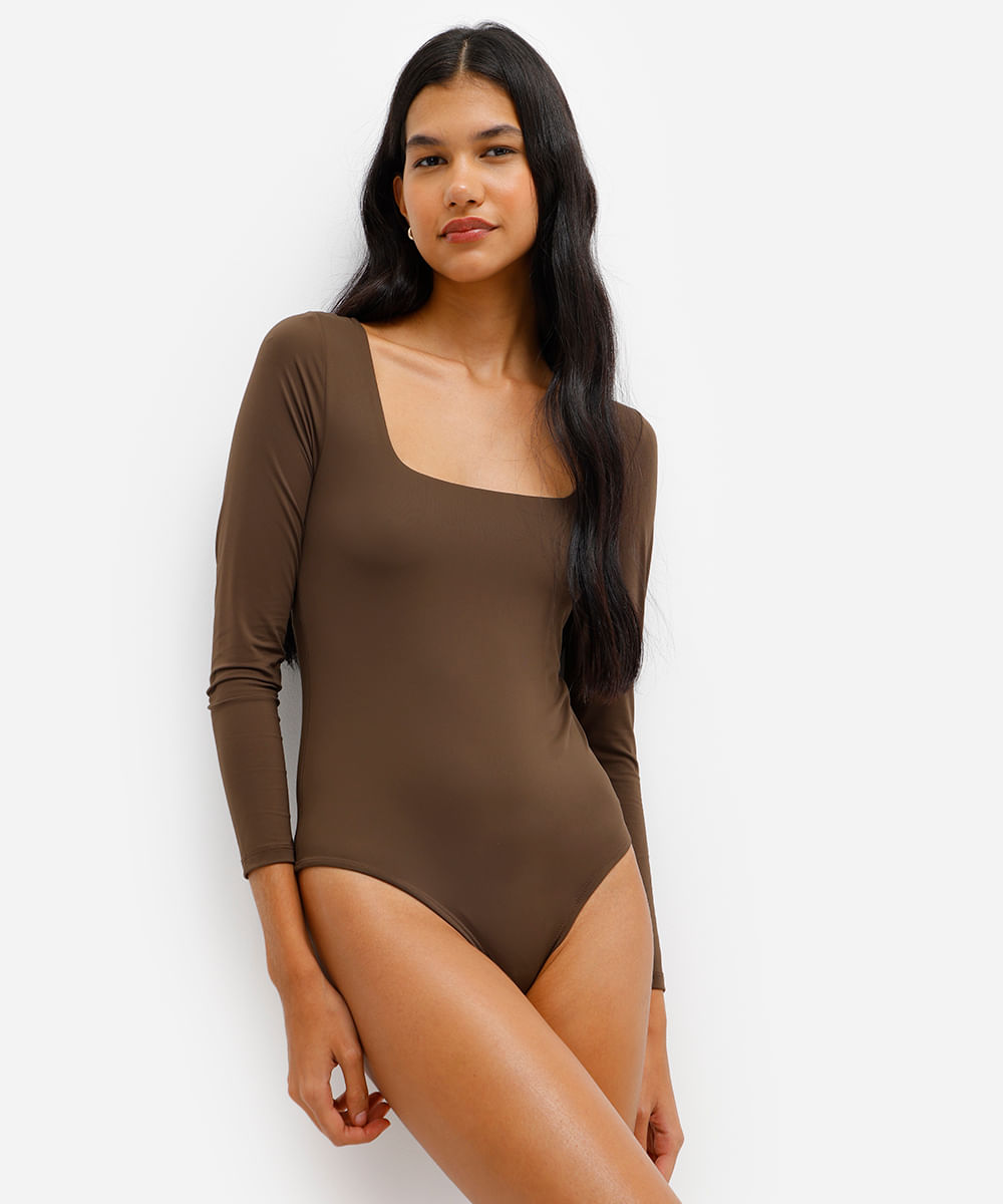 body feminino decote quadrado manga longa marrom