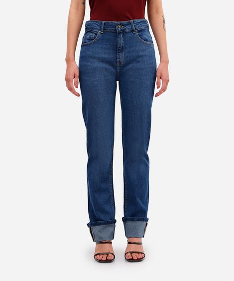 calça slim feminina jeans barra dobrada azul