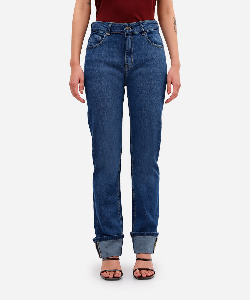calça slim feminina jeans barra dobrada azul