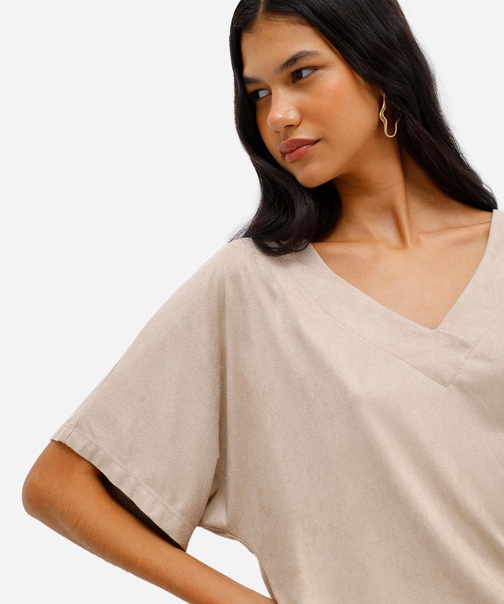 blusa feminina de suede decote v cinza