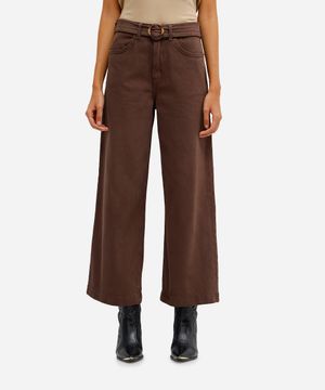 calça wide leg feminina de sarja com cinto marrom