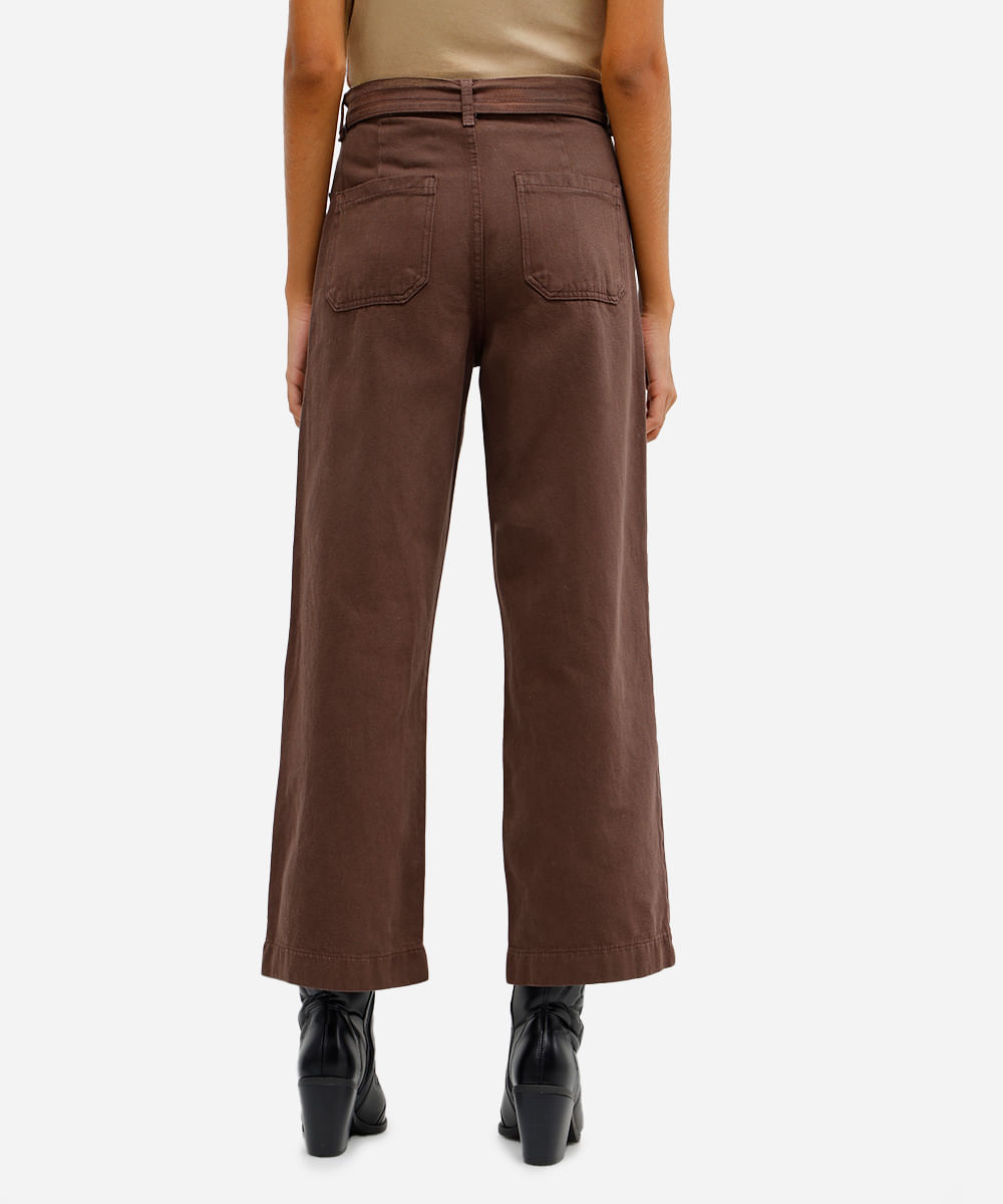 calça wide leg feminina de sarja com cinto marrom