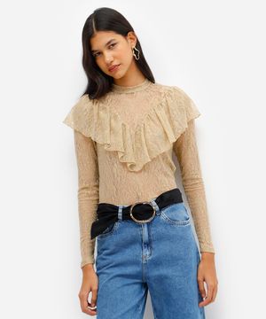 blusa feminina de renda com babado floral bege