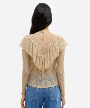 blusa feminina de renda com babado floral bege