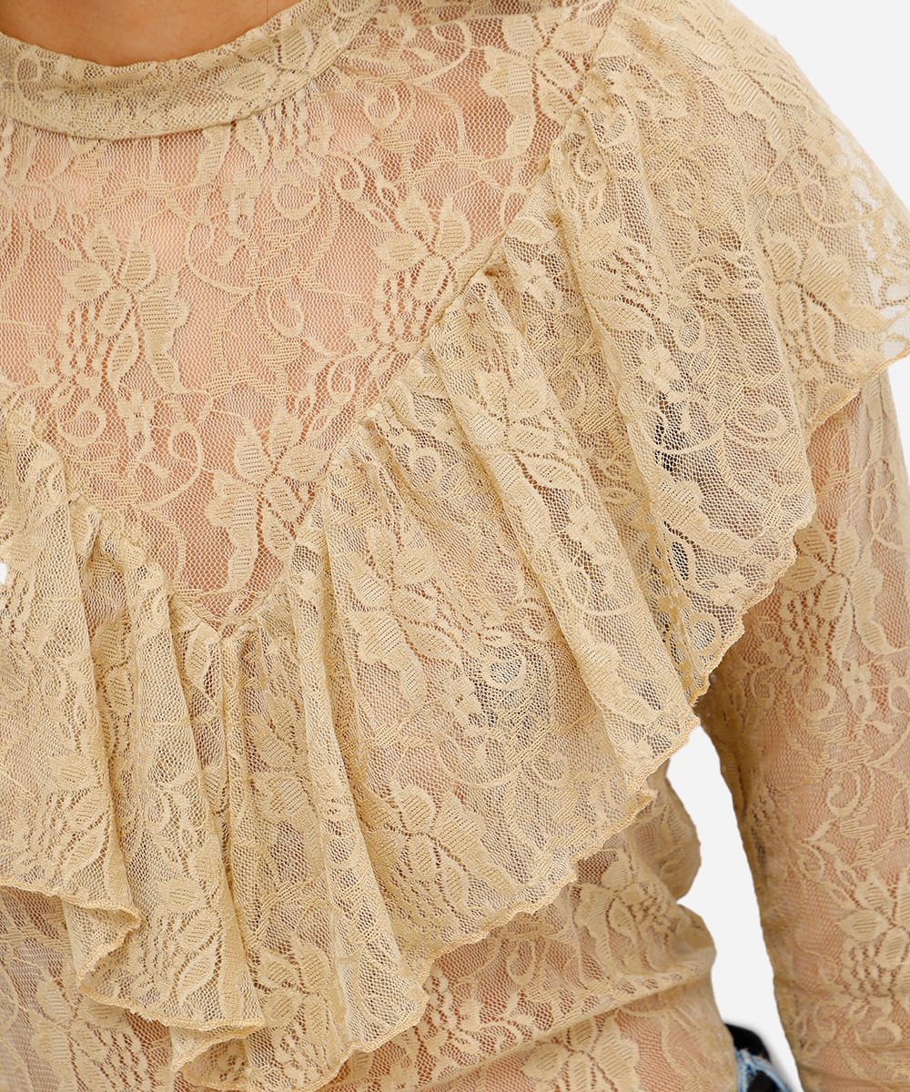 blusa feminina de renda com babado floral bege