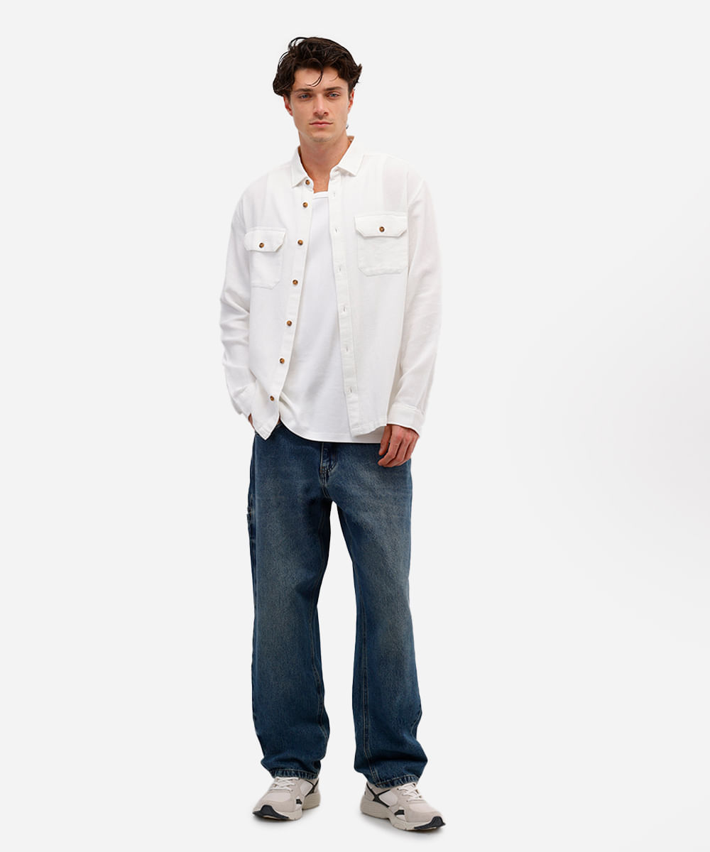 camisa masculina de algodão manga longa texturizada off white