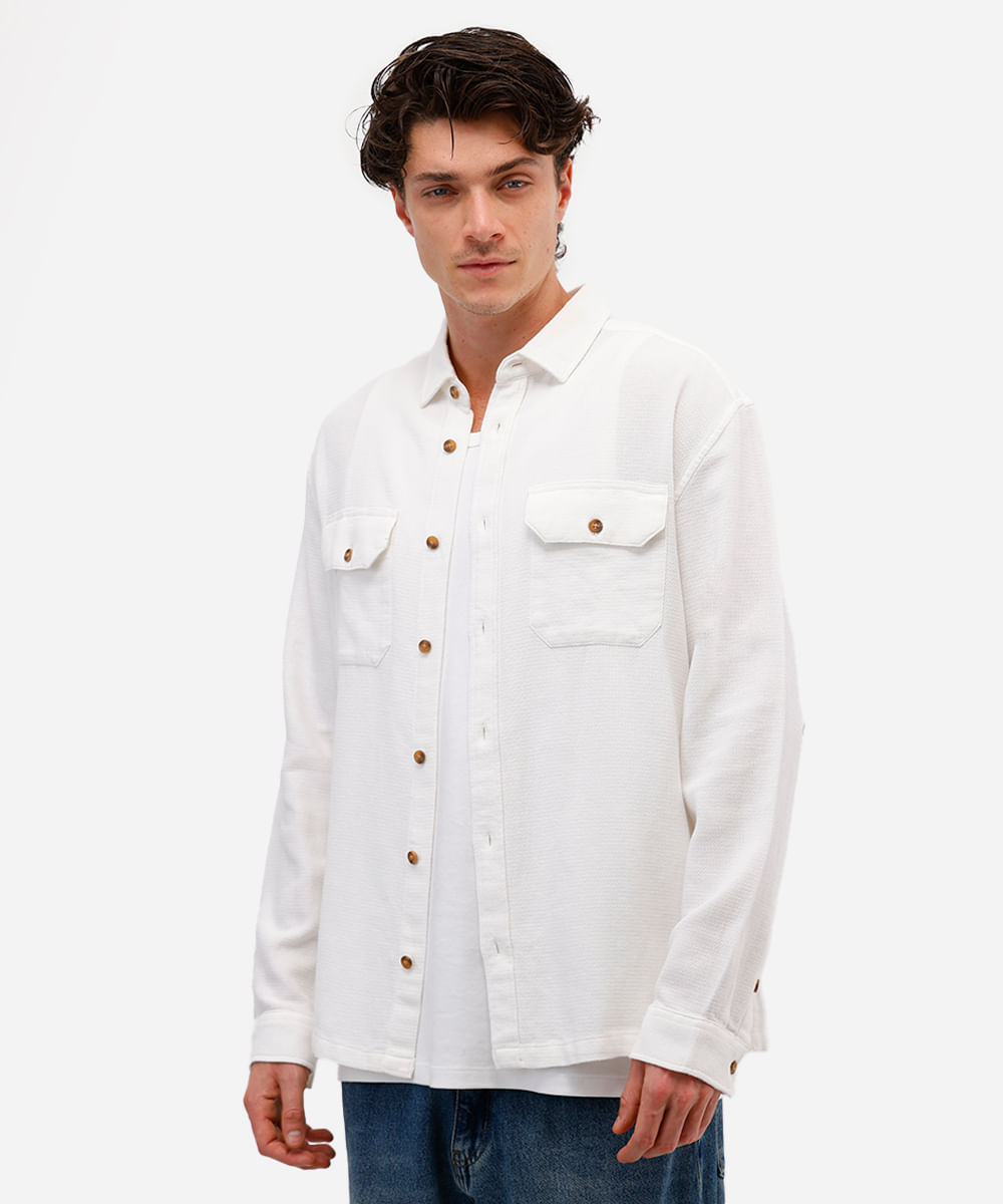 camisa masculina de algodão manga longa texturizada off white
