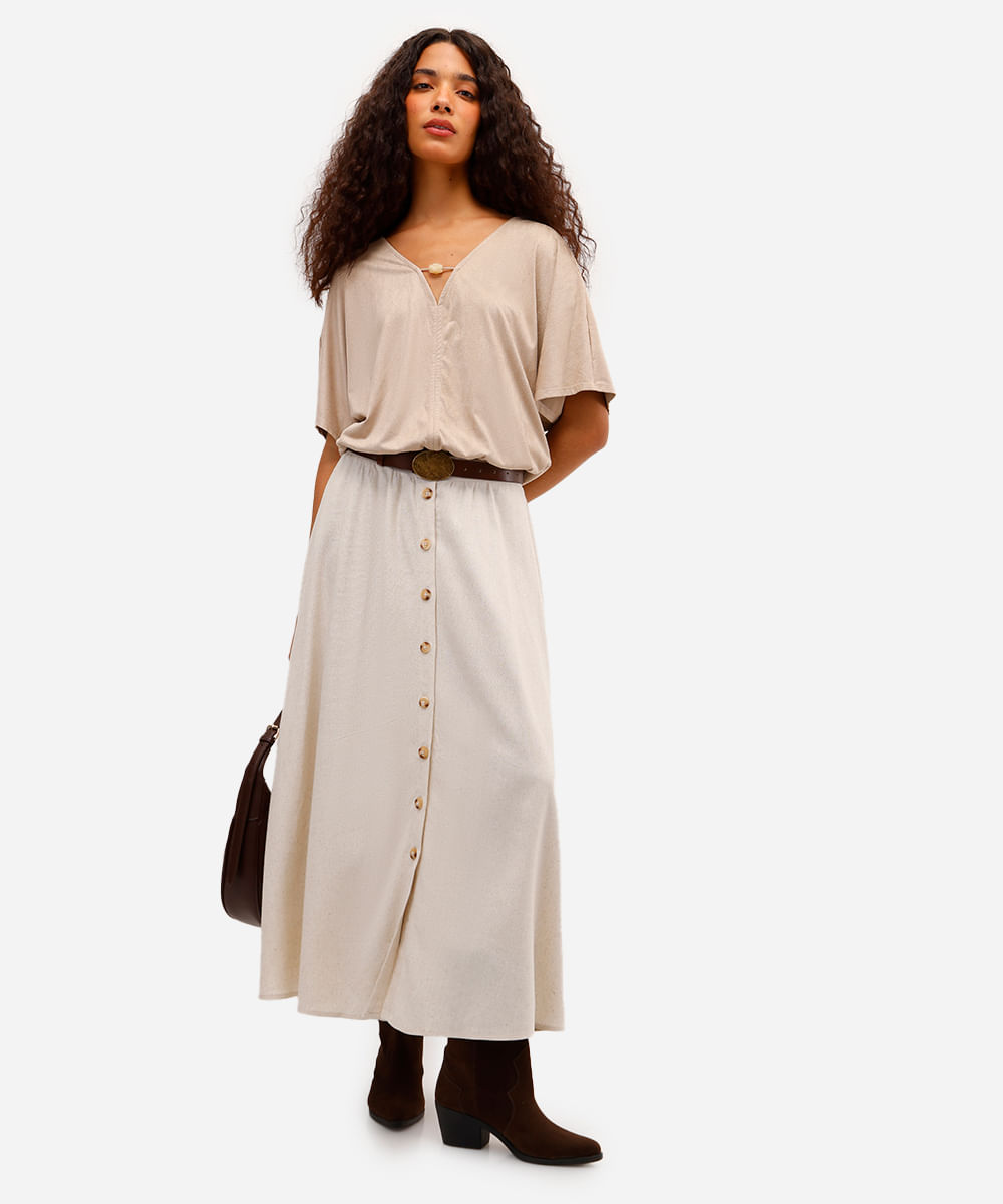 blusa feminina de suede decote v com aviamento bege