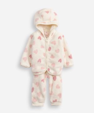 conjunto infantil longo fleece coração off white
