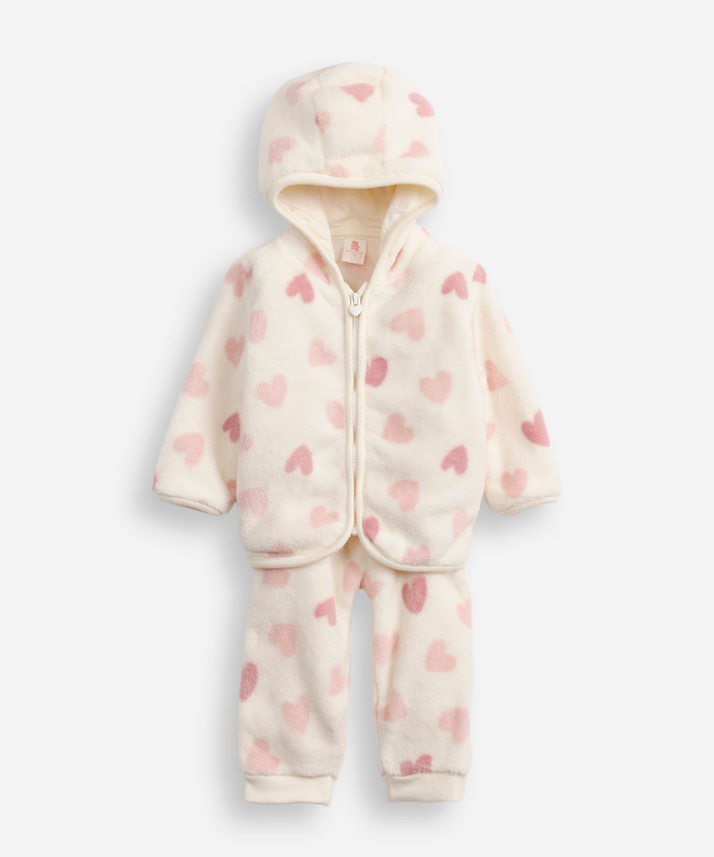 conjunto infantil longo fleece coração off white