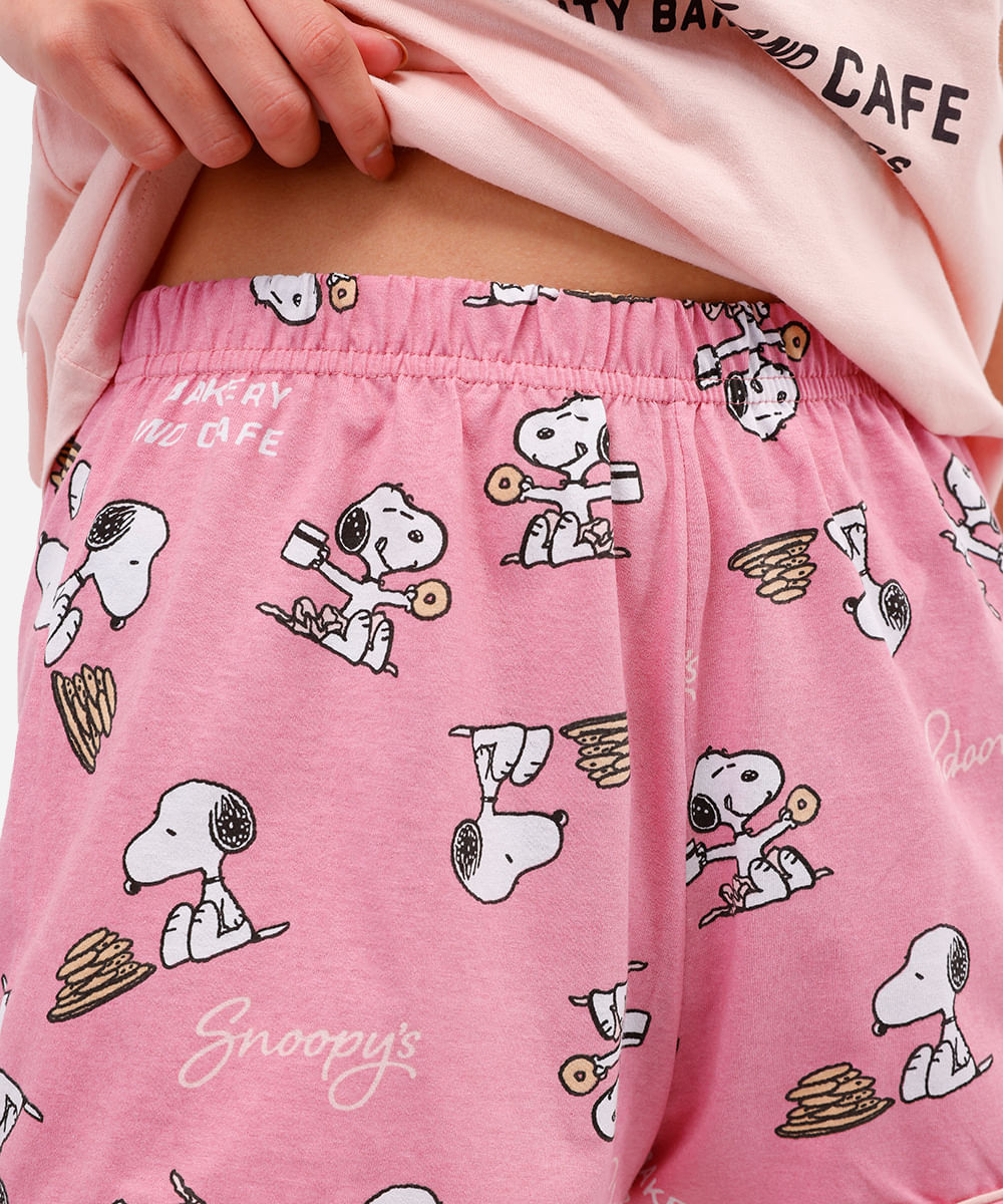 short doll feminino de algodão manga curta snoopy rosa