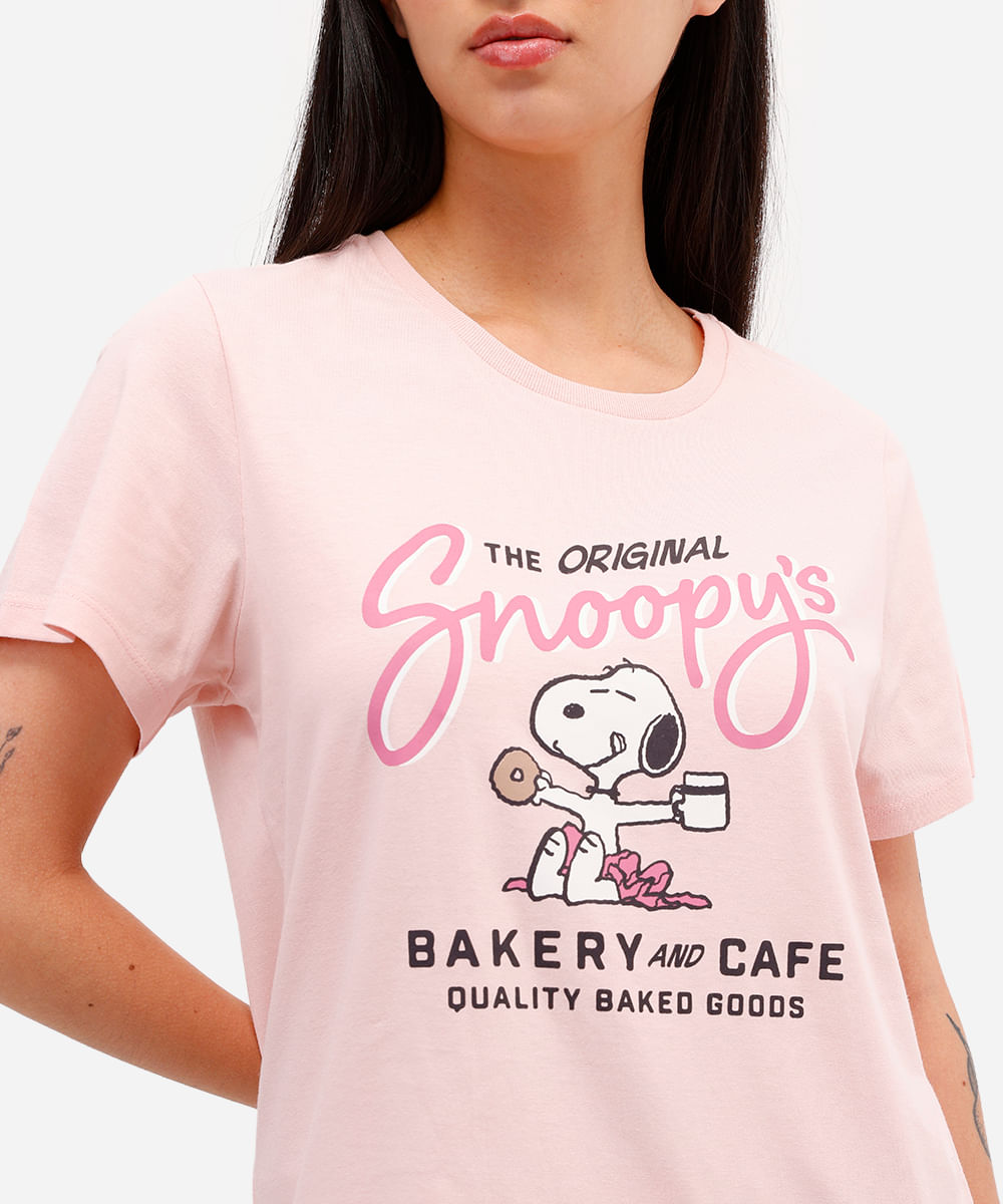 short doll feminino de algodão manga curta snoopy rosa