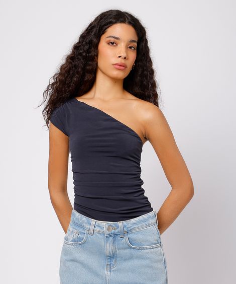 blusa ombro único feminina com franzido mindset preta