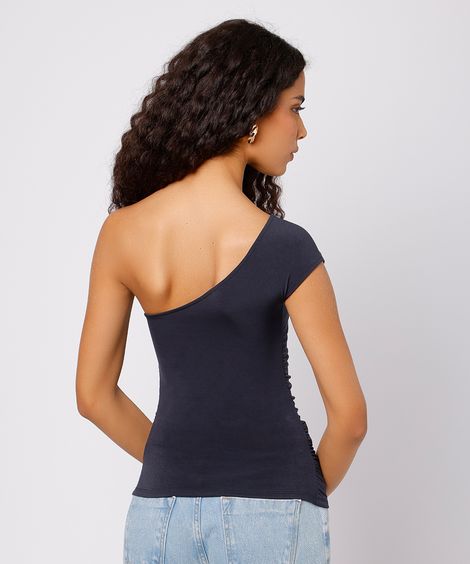 blusa ombro único feminina com franzido mindset preta