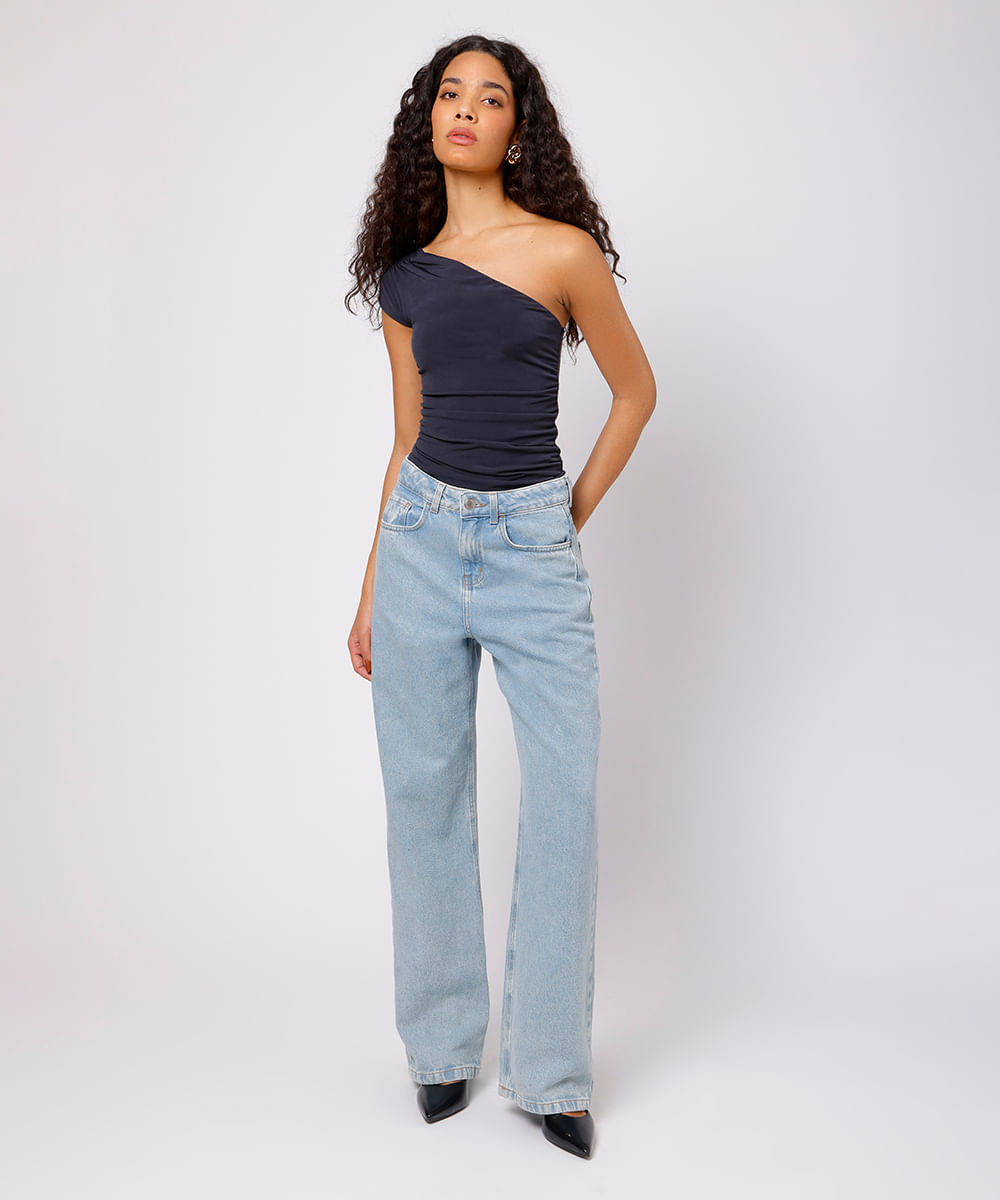 blusa ombro único feminina com franzido mindset preta