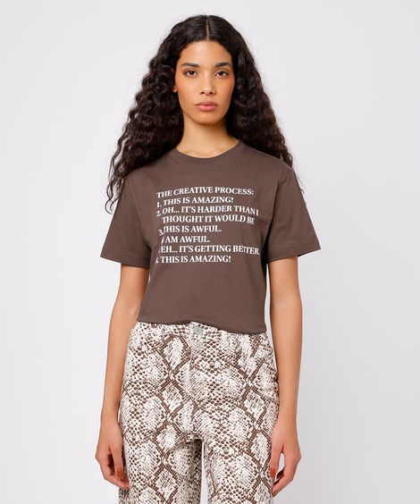 camiseta feminina de algodão estampada mindset marrom