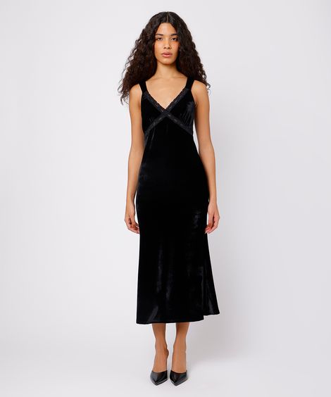 vestido slip dress midi feminino de veludo com renda mindset preto