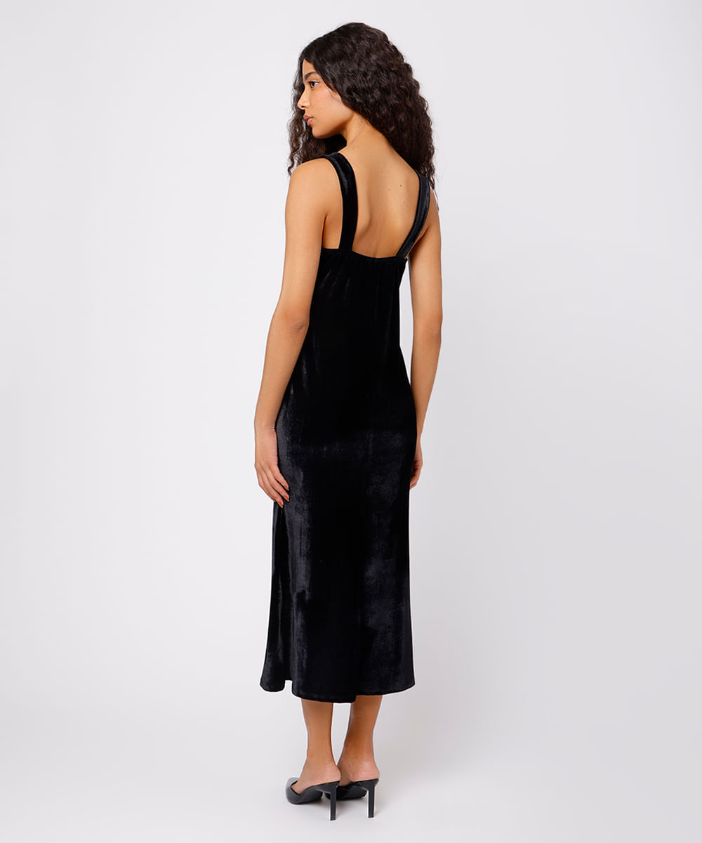 vestido slip dress midi feminino de veludo com renda mindset preto