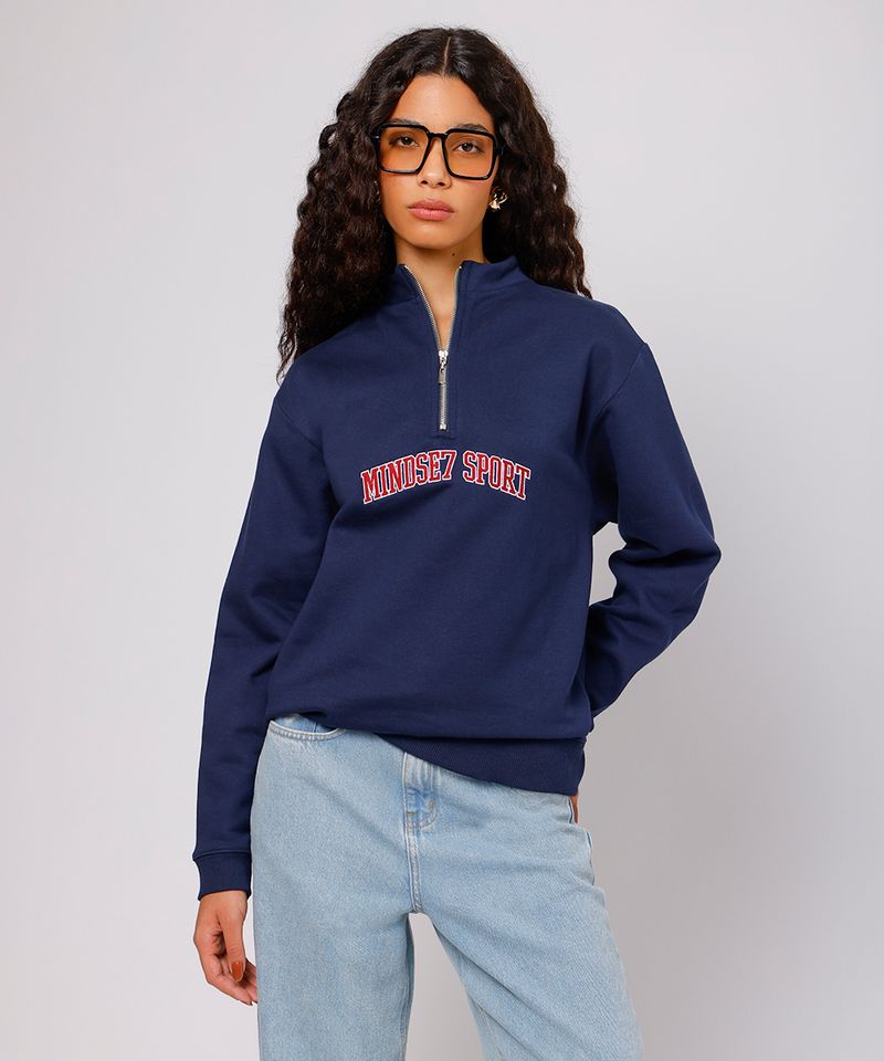 blusão feminino de moletom felpado bordado mindset sport azul