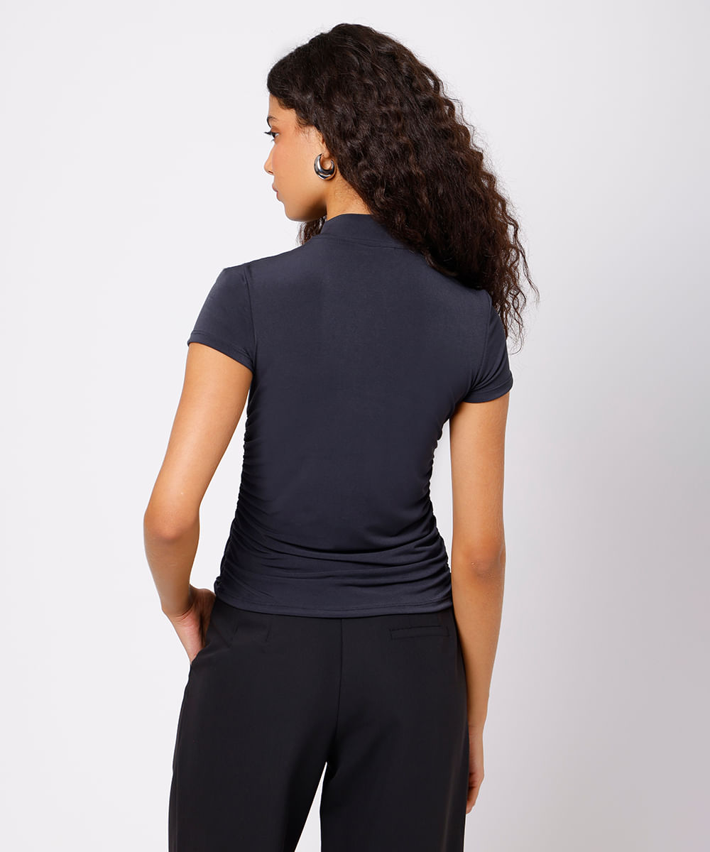 blusa feminina gola alta com recorte franzida mindset preta
