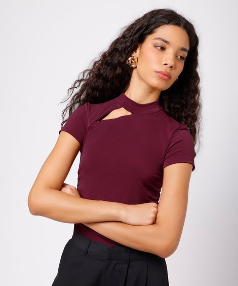 blusa feminina gola alta com recorte franzida mindset vinho