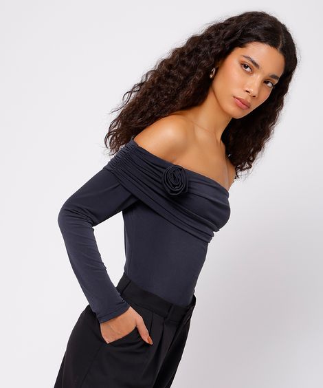 blusa ombro a ombro feminina manga longa floral mindset preta