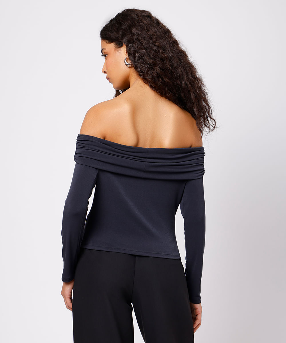 blusa ombro a ombro feminina manga longa floral mindset preta